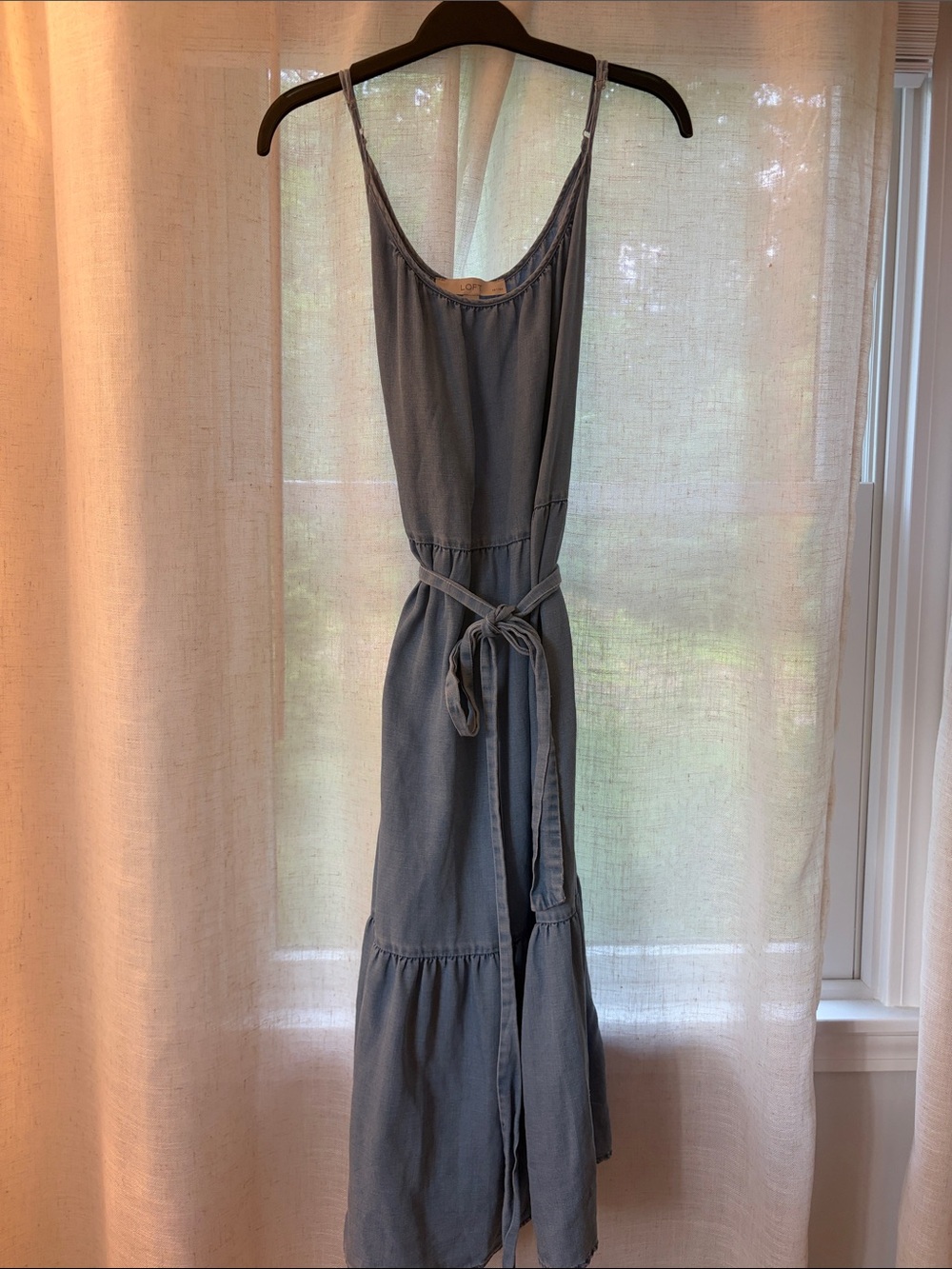 Light Blue Tiered Maxi Dress with Waist Tie denim